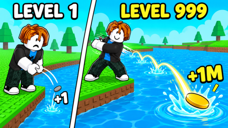 Two panels of official art: the same character throwing at level 1 and again at a very high level, where each bounce of the stone now pops huge Skill gains