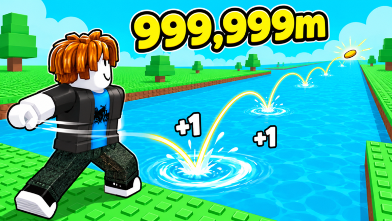 A throw skipping down a long water lane in official art, with +1 popups over each bounce and a distance counter above